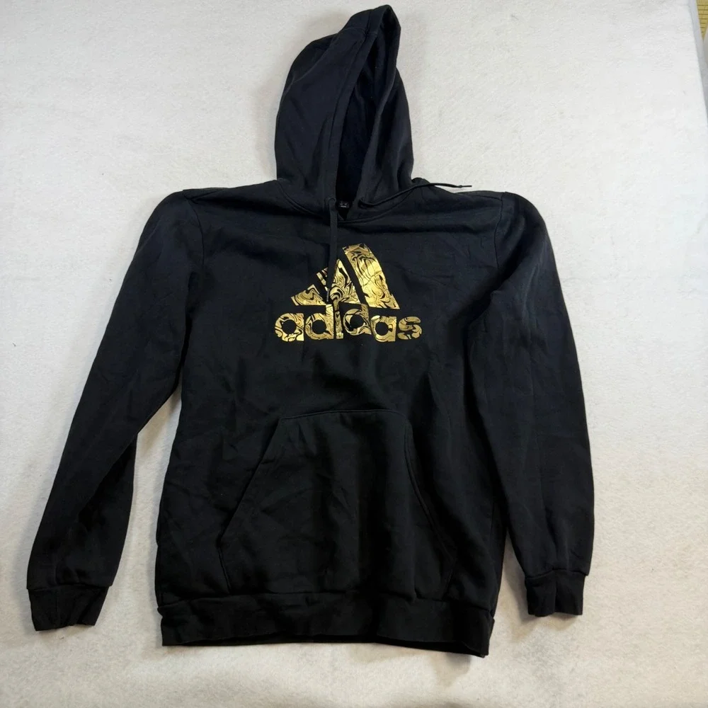 Adidas Mens Large Black Gold Marble Foil Logo Fleece Pullover Hoodie Sweatshirt